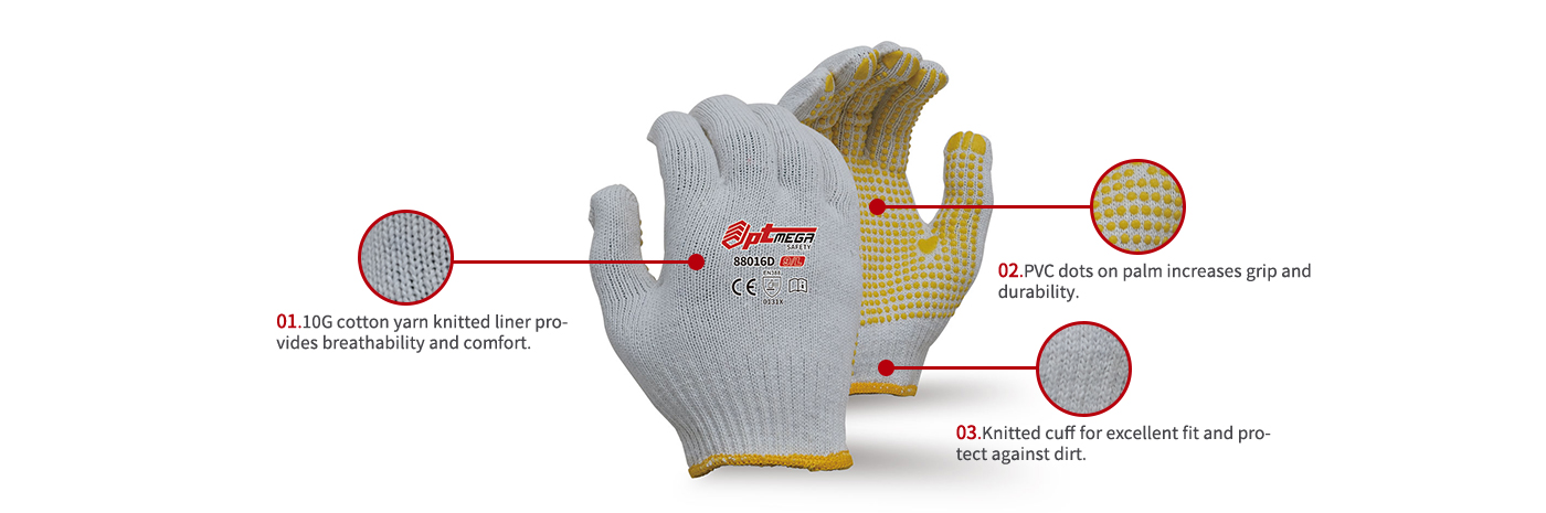 10 gauge cotton Knitting glove with PVC dots palm coated 